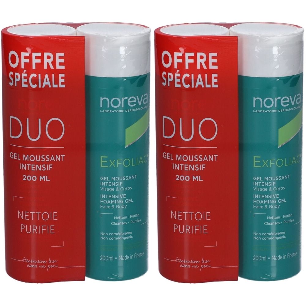 Zwei Flaschen Exfoliac Gel moussant intensif in Duo-Verpackung. Rote und grüne Verpackung mit Produktnamen und Text. 200 ml.