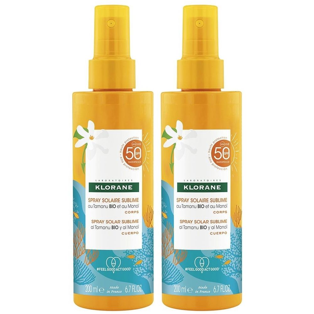 Deux sprays solaires jaunes avec vaporisateur. Inscription: KLORANE, Spray Solaire Sublime, SPF 50. Motif floral et marin.