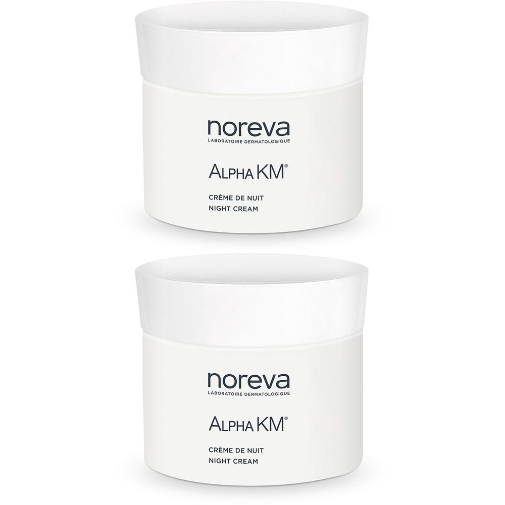 Deux pots blancs avec couvercles. Inscription : noreva, Alpha KM, Crème de nuit, Night Cream.