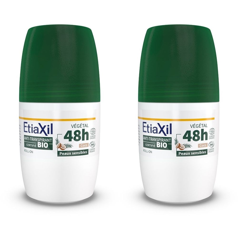Deux déodorants roll-on avec bouchons verts. Inscription Etiaxil, Végétal, 48h, certification BIO. Pour peaux sensibles.