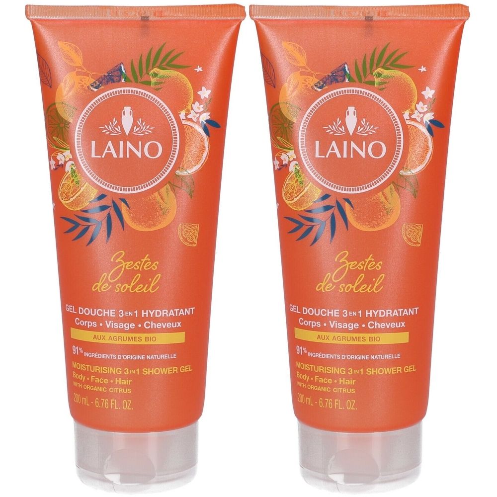 Deux tubes oranges avec logo LAINO. Inscription : Zestes de soleil, Gel douche 3 en 1, aux agrumes bio. Contenance 200 ml.