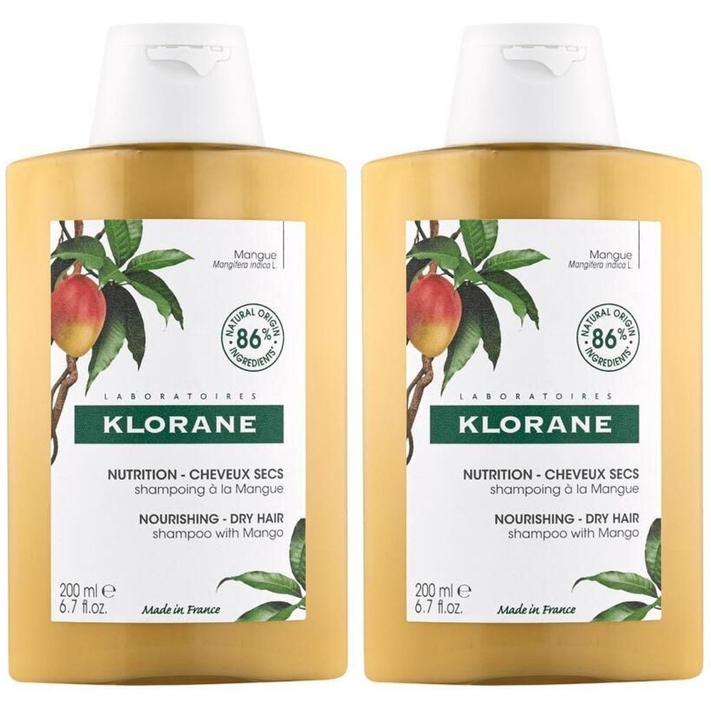Deux bouteilles de shampoing Klorane à la Mangue, 200 ml. Illustration de mangue et feuillage.
