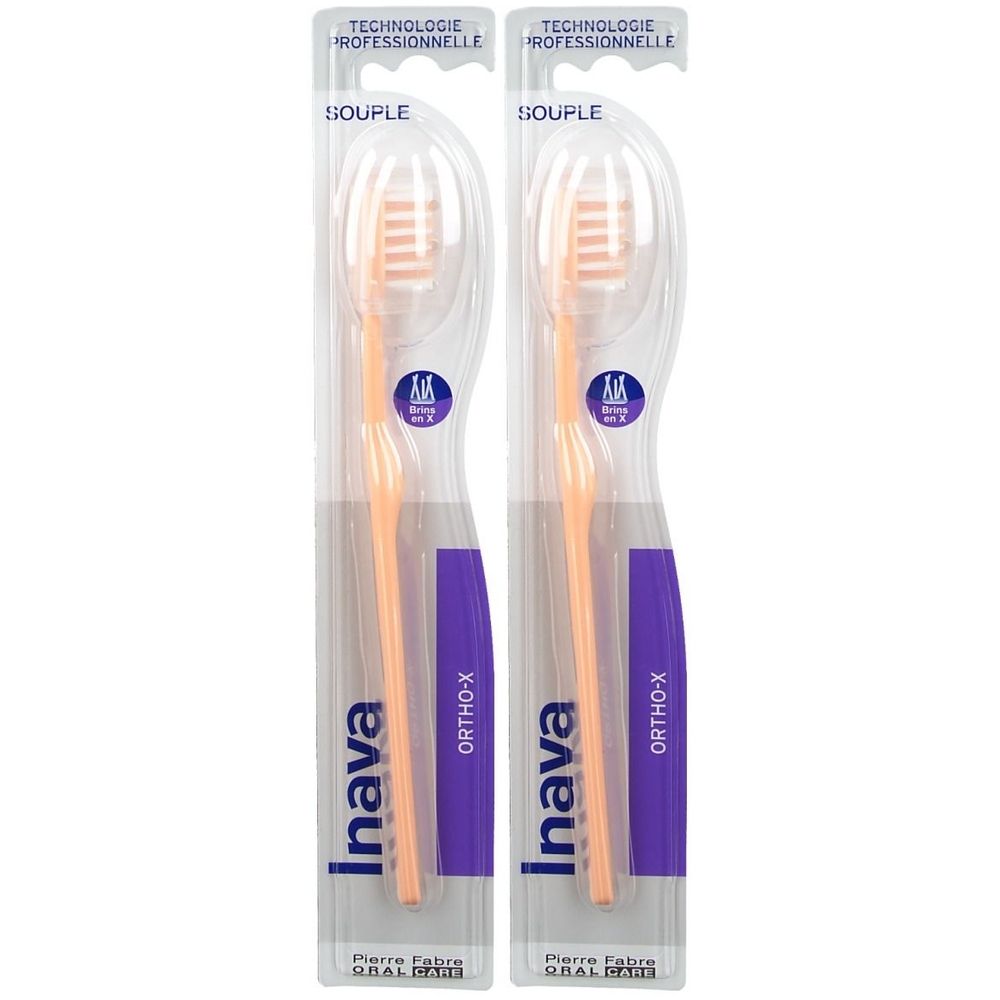 Zwei Zahnbürsten in Verpackung. Orangefarbene Borsten, lila und weiße Verpackung. Marke Inava, Ortho-X.