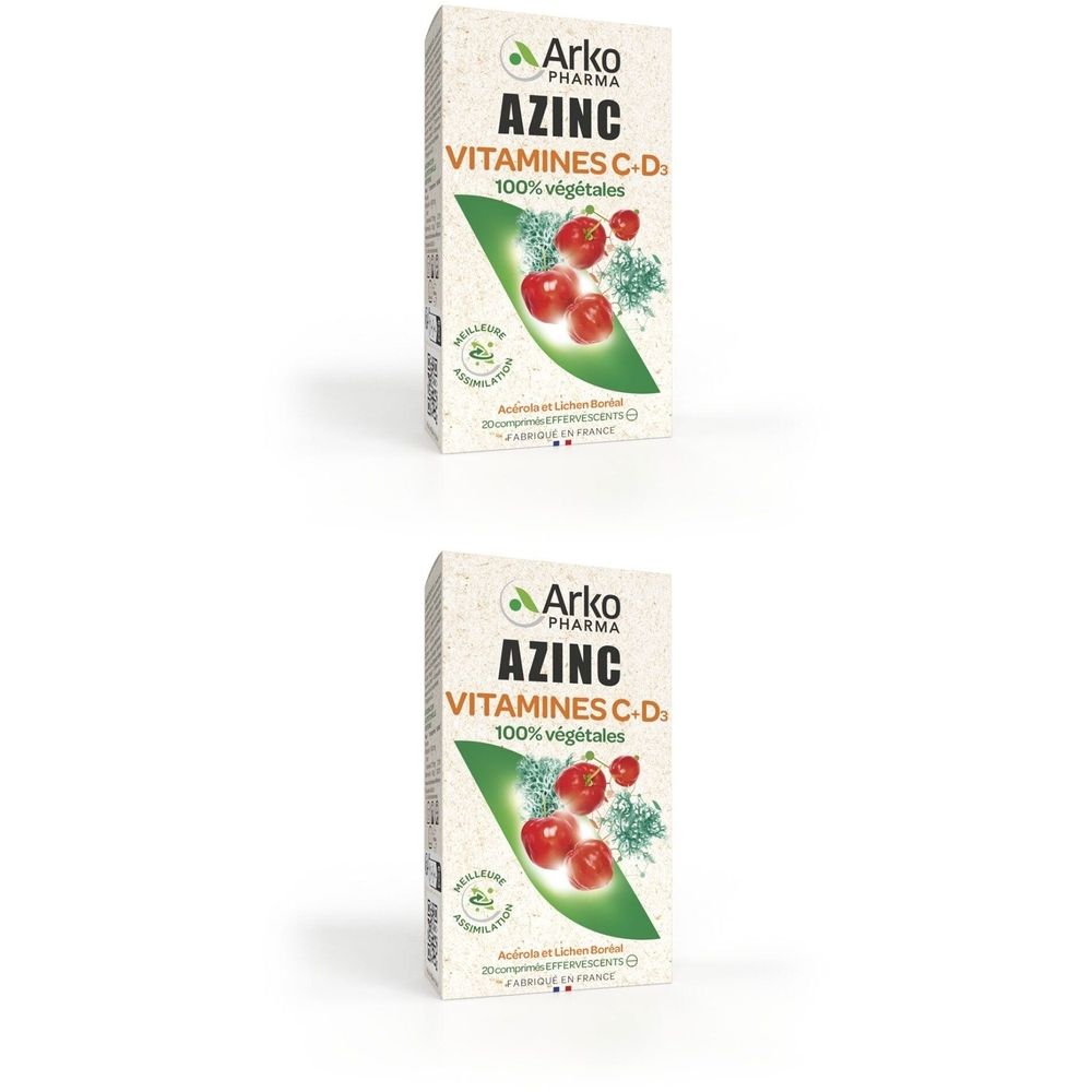 Zwei Kartons mit der Aufschrift AZINC Vitamines C+D, 100% végétales. Marke Arko Pharma. Aufdruck mit Tomaten und Blättern.