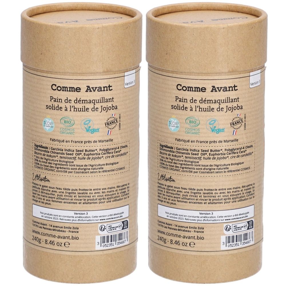 Zwei zylindrische Behälter aus braunem Papier. Aufschrift: Comme Avant, Pain de démaquillant solide à l'huile de Jojoba. Bio, Vegan, France.