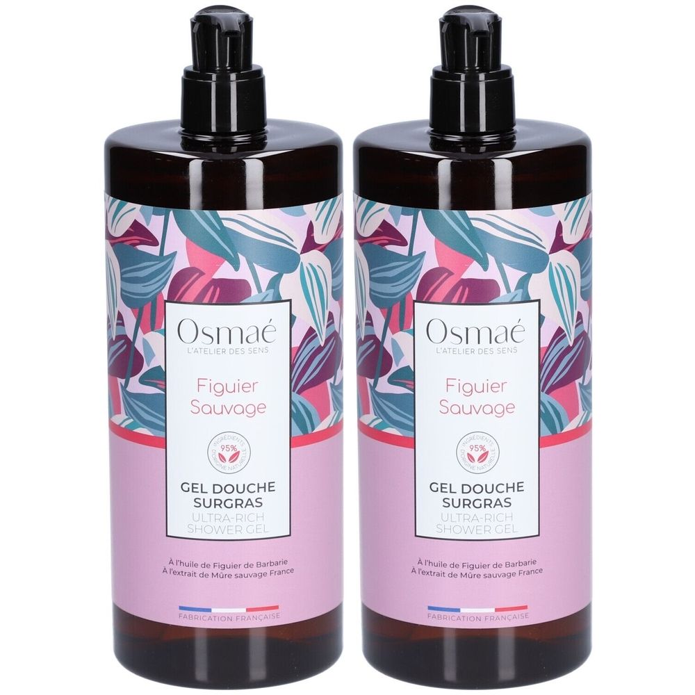 Deux flacons de gel douche avec motif floral. Bouchon pompe noir. Inscriptions : Osmaé, Figuier Sauvage, Gel Douche Surgras.