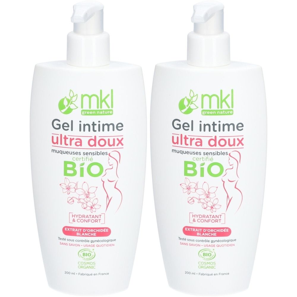 Zwei weiße Flaschen mit Pumpverschluss. Aufschrift: mkl Gel intime ultra doux, Bio-Zertifizierung. Mit Illustration einer Frau.