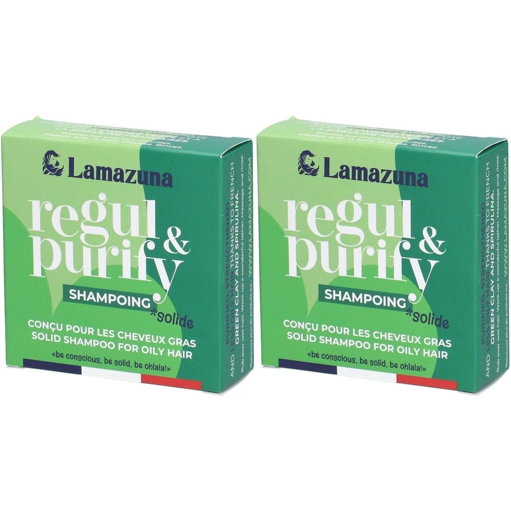 Zwei grüne Kartons mit "Lamazuna regul & purify Shampoing solide"-Aufdruck. Text: "CONÇU POUR LES CHEVEUX GRAS SOLID SHAMPOO FOR OILY HAIR".