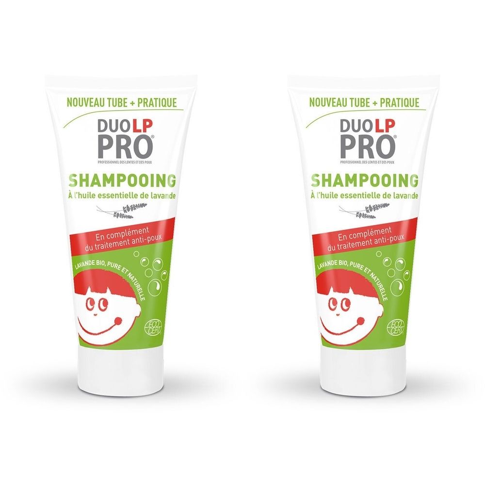 Deux tubes de shampooing. Blanc, rouge et vert. Inscription: DUO LP PRO SHAMPOOING. À l'huile essentielle de lavande. Bio.