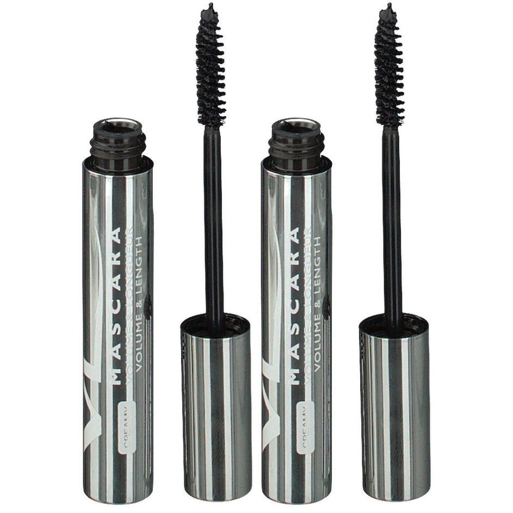 Drei Mascara-Tuben mit geöffneten Bürsten. Silberne Tuben mit schwarzer Schrift: MASCARA VOLUME & LENGTH. Schwarze Bürsten.