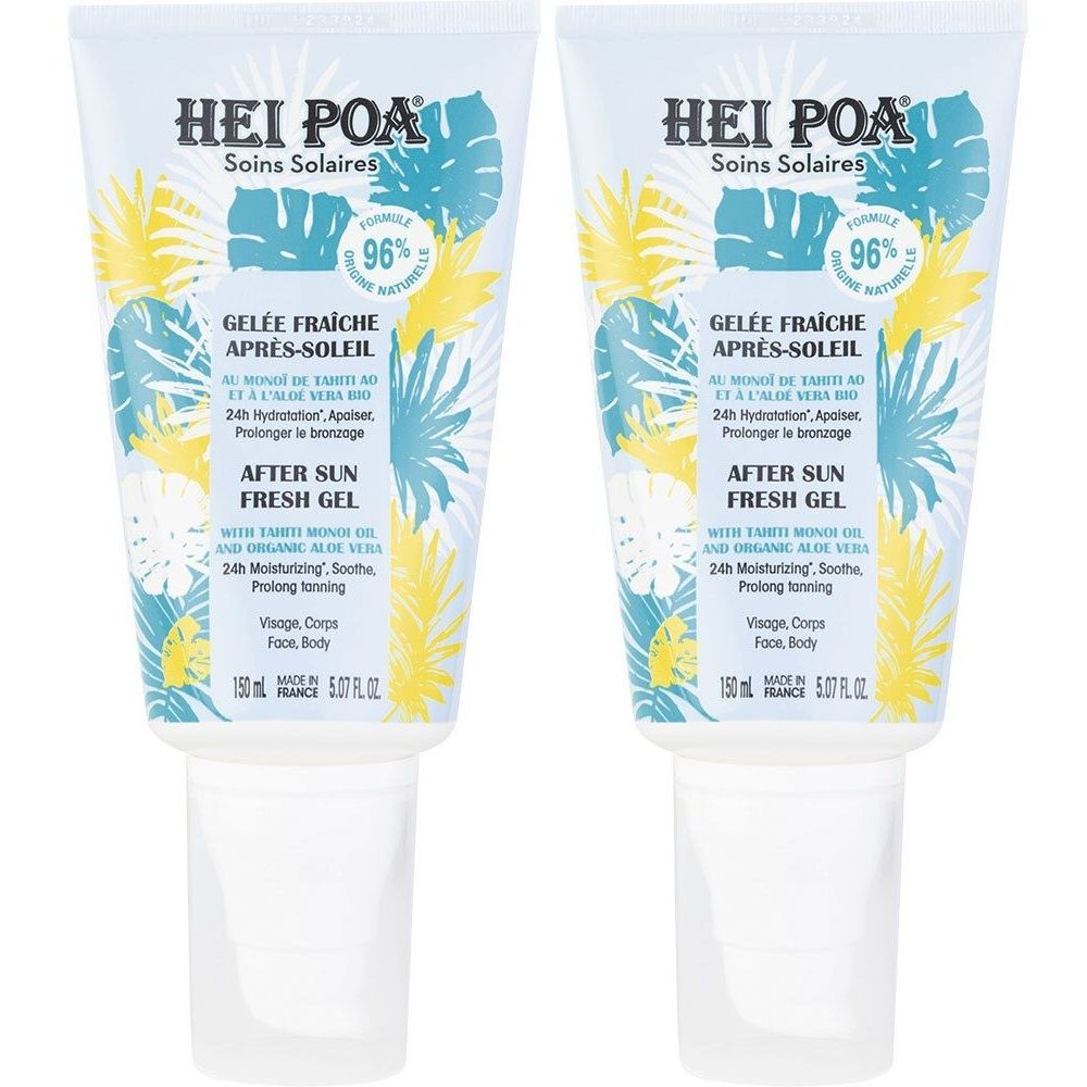 Deux tubes de gel après-soleil HEI POA. Tubes blancs avec motifs floraux bleus et jaunes. Texte: Gelée Fraîche Après-soleil, After Sun Fresh Gel.
