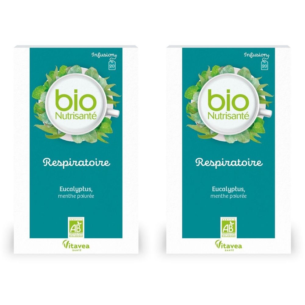 Zwei rechteckige Packungen. Aufschrift: bio Nutrisanté, Respiratoire, Eucalyptus, menthe palurée. AB-Logo und Vitavea.