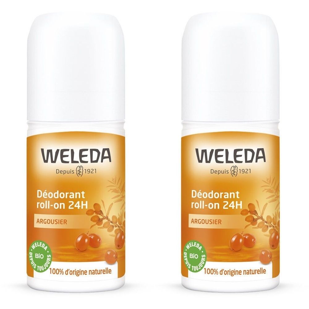 Zwei Roll-on-Deodorants. Weiße Kappe, orangefarbener Aufkleber mit Produktinformationen und Logo. Bio-Zertifizierung.