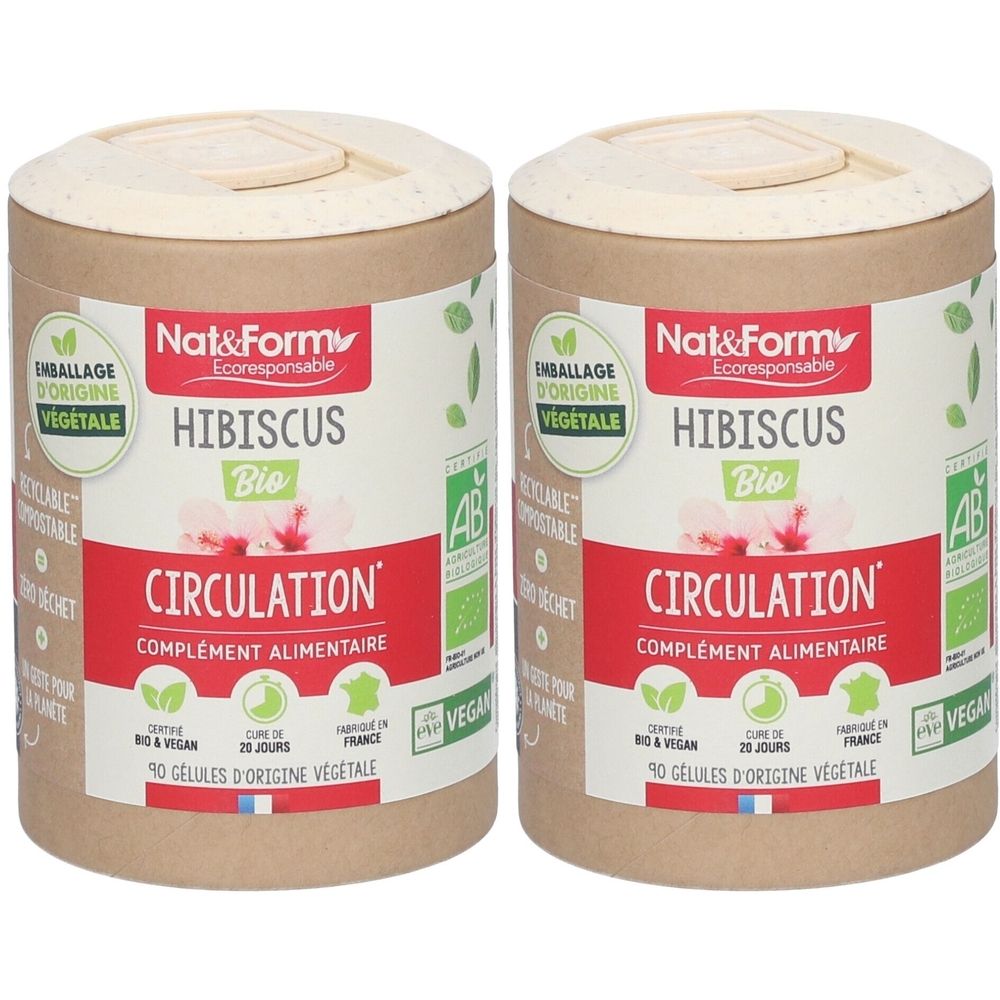 Deux boîtes cylindriques avec couvercles. Inscription: Hibiscus Bio, Circulation, complément alimentaire. Certifications et logos.