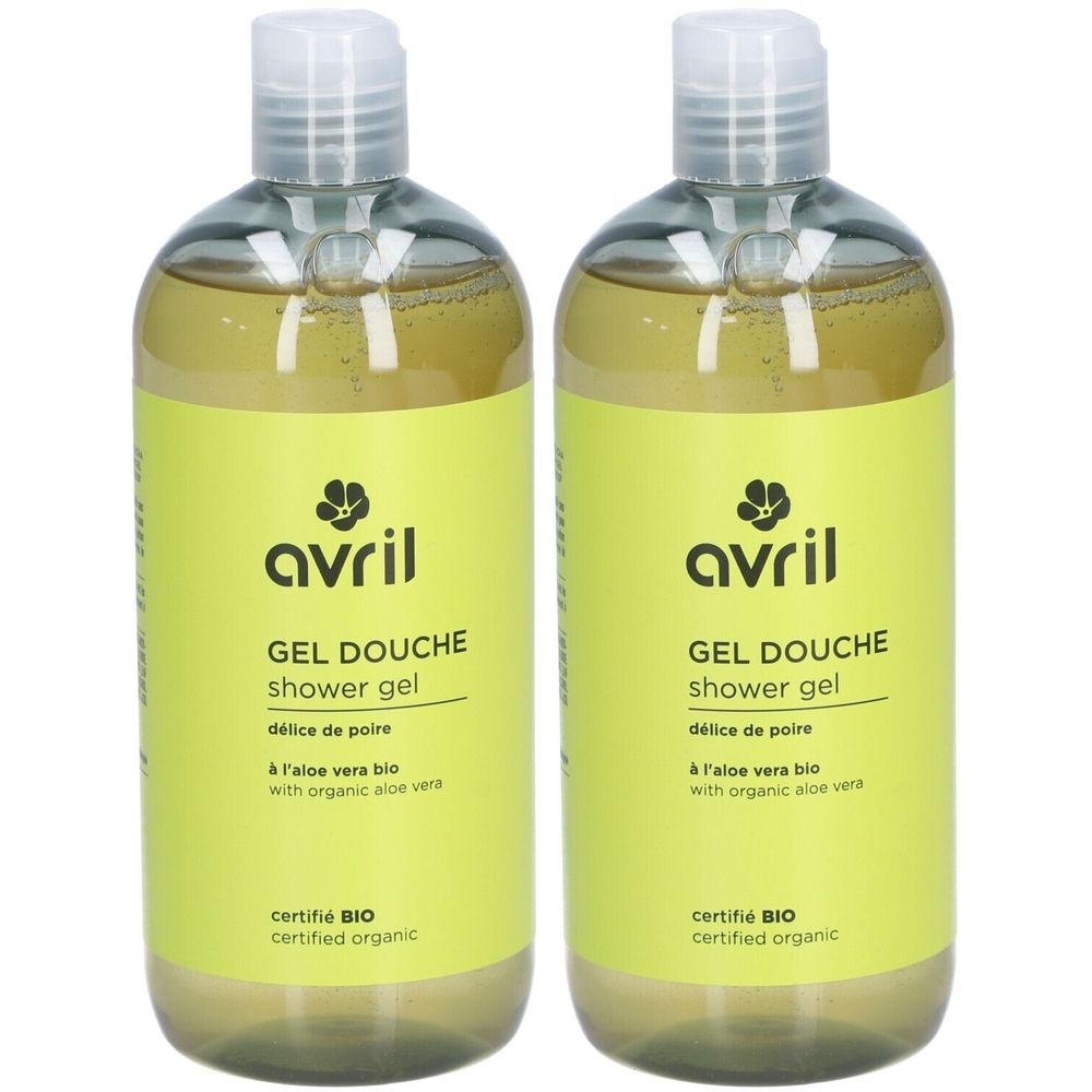 Deux flacons de gel douche AVRIL, étiquette jaune. Texte: GEL DOUCHE, Délice de Poire, certifié BIO. Flacons transparents, bouchon blanc.