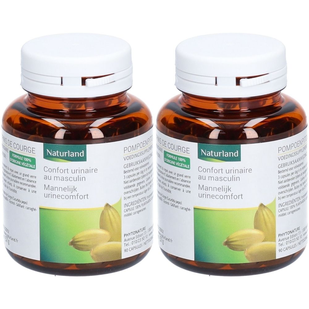 Zwei braune Flaschen mit weißen Deckeln. Auf den Etiketten steht "Naturland" und "Confort urinaire au masculin".
