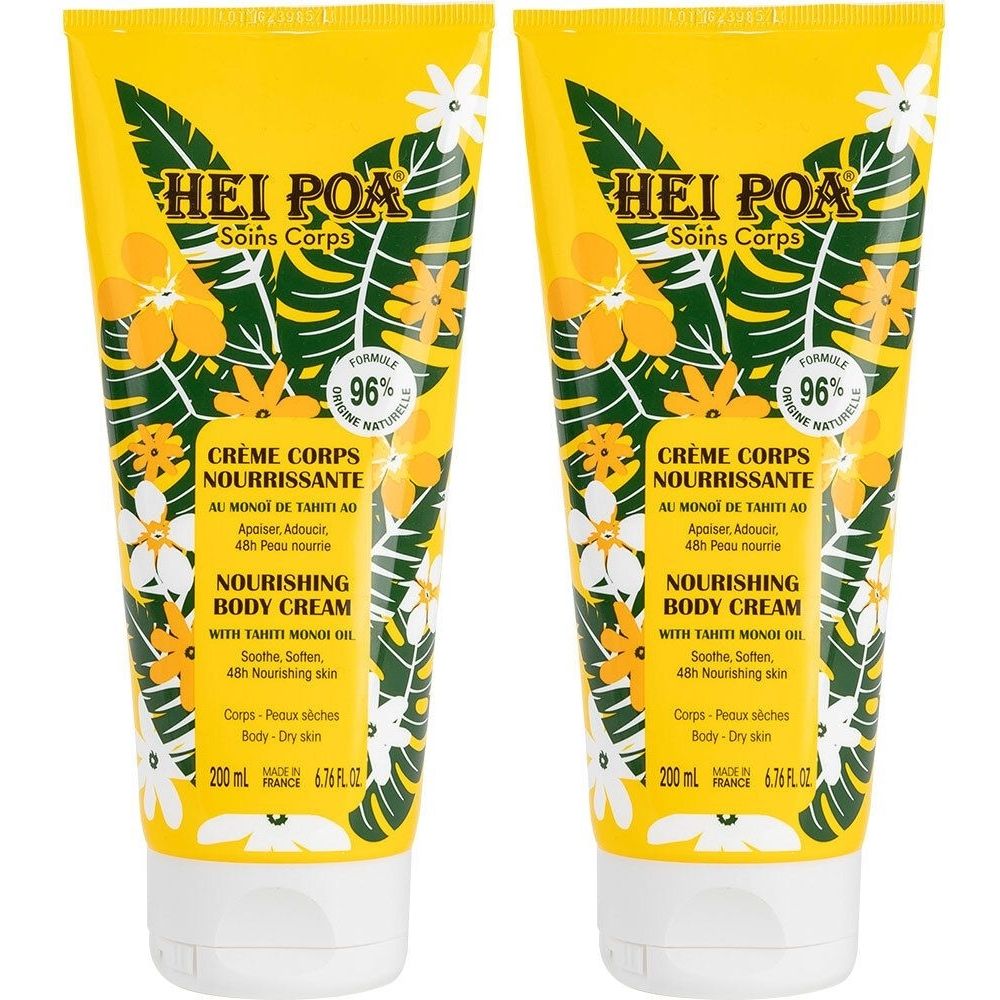 Zwei Tuben Körpercreme mit gelbem Hintergrund. Aufschrift: HEI POA, Crème Nourrissante Corps, 96% natürliche Formel.