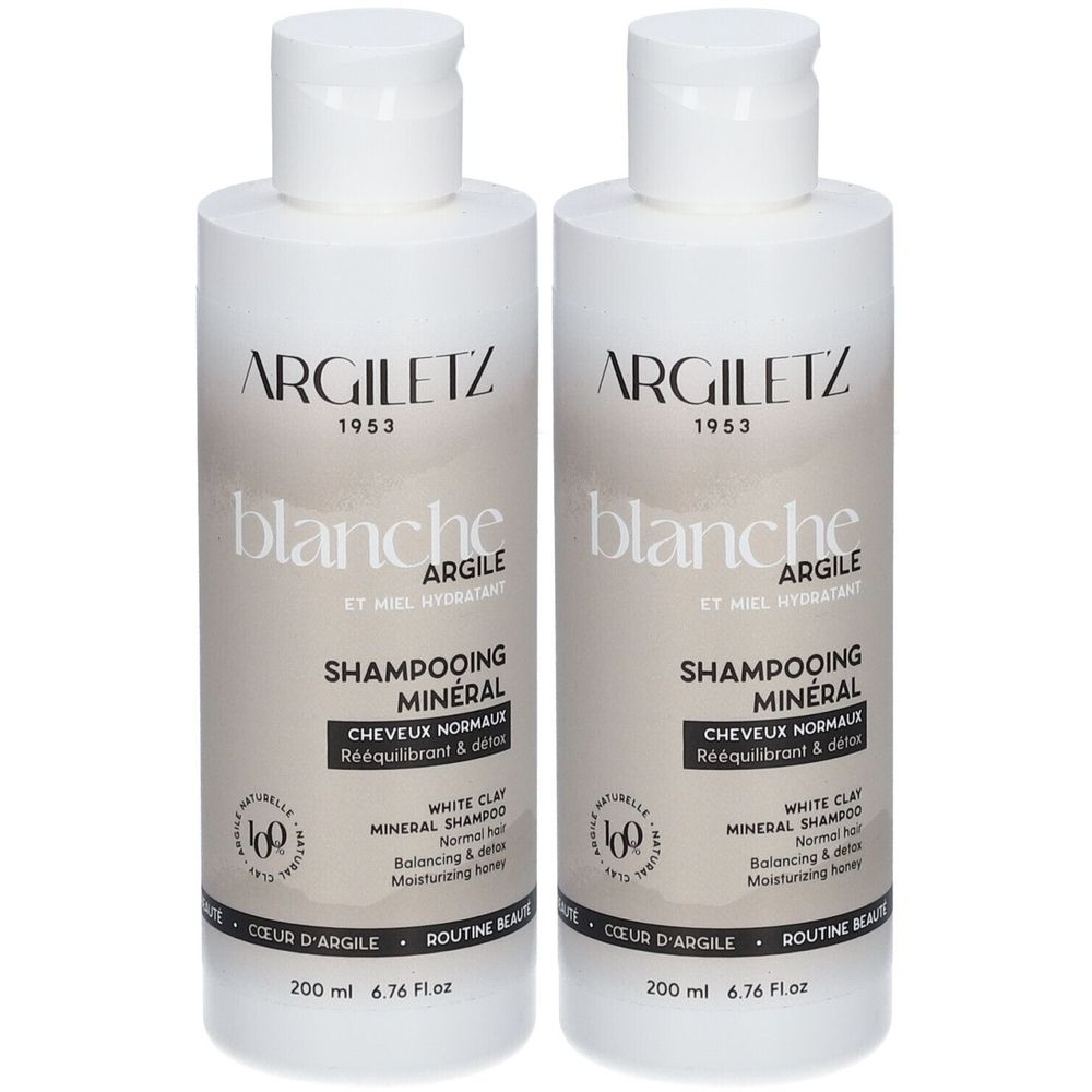 Zwei weiße Shampoo-Flaschen mit Etiketten. Aufschrift: ARGILETZ, blanche, Shampooing Minéral, 200 ml.