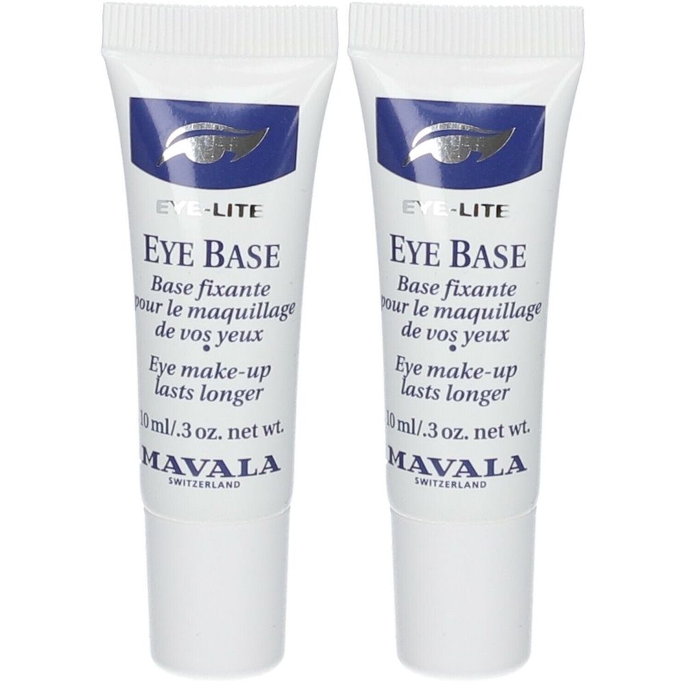 Zwei weiße Tuben mit blauem Aufdruck. Aufschrift: EYE BASE, Base fixante, Eye make-up lasts longer. Marke: MAVALA.