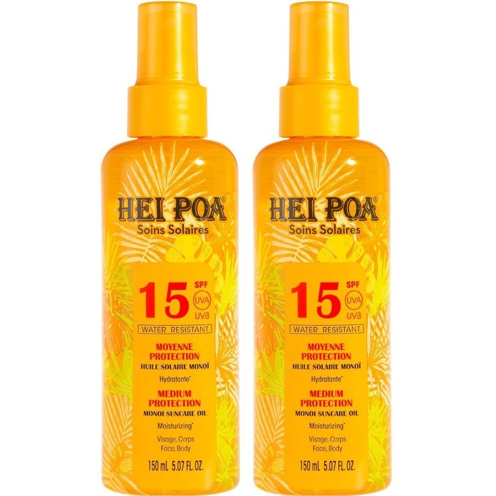 Zwei gelbe Sprühflaschen mit Aufschrift HEI POA, SPF 15. Wasserfest. Für Gesicht und Körper.