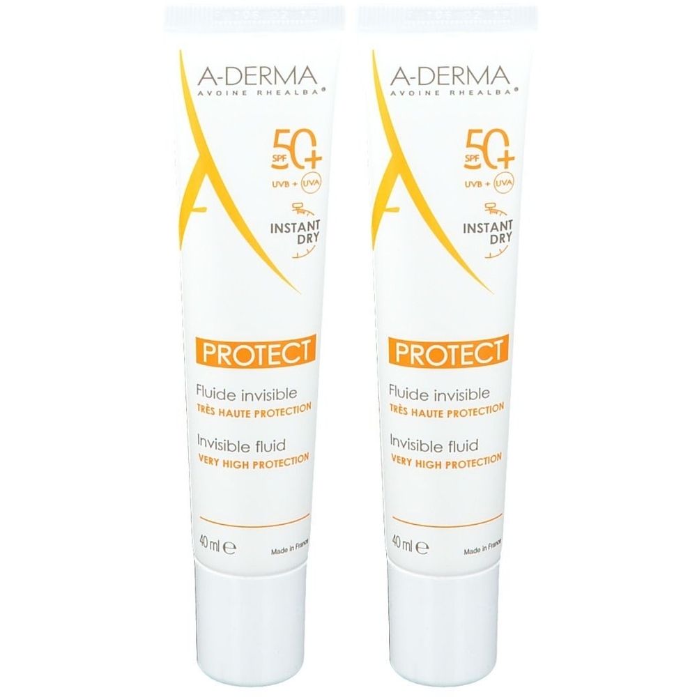 Zwei Tuben A-Derma Protect Fluide invisible SPF50+. Weiße Tuben mit gelben Akzenten und Produktinformationen. Sichtbarer Sonnenschutz.