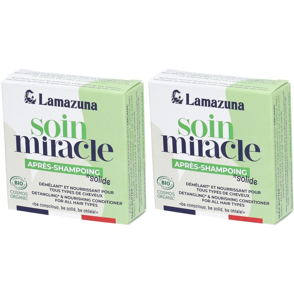 Zwei rechteckige Kartons mit "Lamazuna soin miracle après-shampoing solide"-Aufdruck. Grüner Hintergrund, weißer Text, Bio-Zertifizierung.