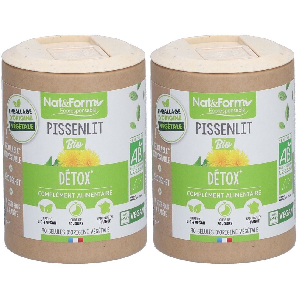 Zwei zylindrische Behälter mit Deckel. Aufschrift: Pissenlit Bio, Detox, Nahrungsergänzungsmittel. Grün-weiße Etiketten mit Logo und Text.