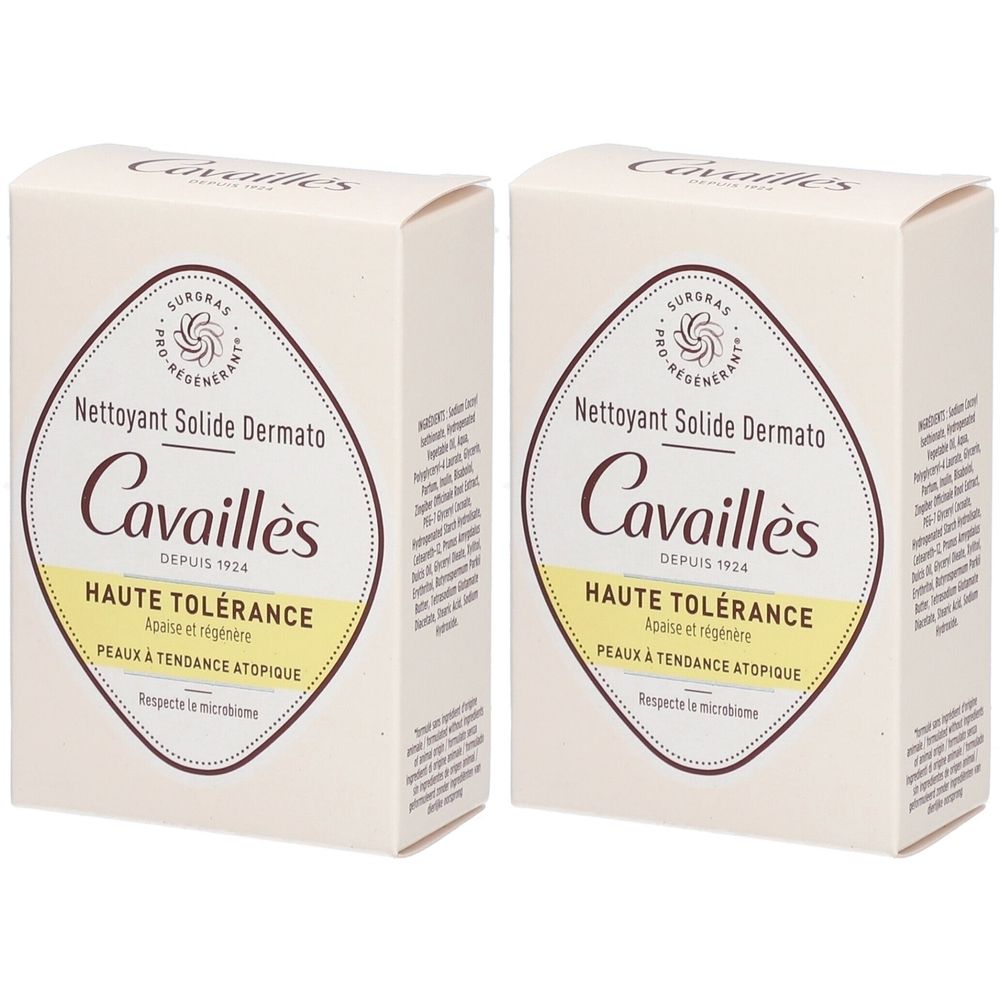 Deux boîtes rectangulaires. Inscription: Cavaillès, HAUTE TOLÉRANCE, Nettoyant Solide Dermato. Pour peaux atopiques.
