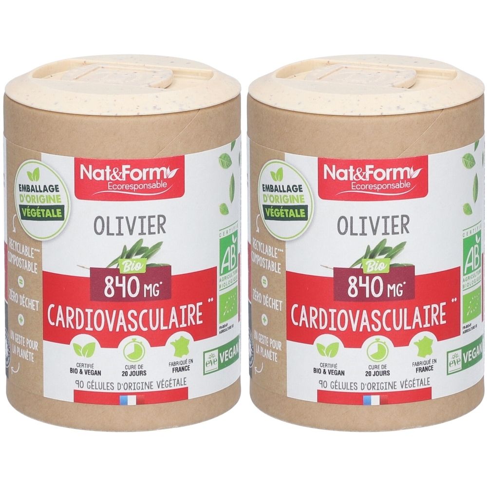 Zwei zylindrische Behälter mit Deckel. Aufschrift: Nat&Form Olivier, 840 mg, Cardio-vasculaire. Verpackung aus Pflanzenmaterial, vegan.
