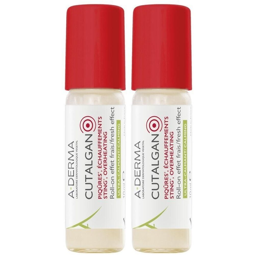 Zwei Roll-on-Flaschen mit rotem Deckel. Aufschrift: A-DERMA CUTALGAN, gegen Stiche und Überhitzung. Ultra-beruhigend.