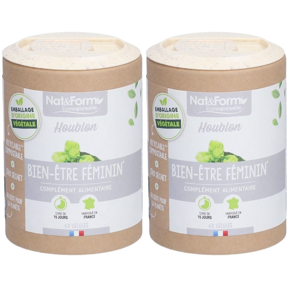 Deux boîtes cylindriques avec couvercles. Inscription : Nat&Form, Houblon, Bien-être Féminin, complément alimentaire. Emballage végétal.