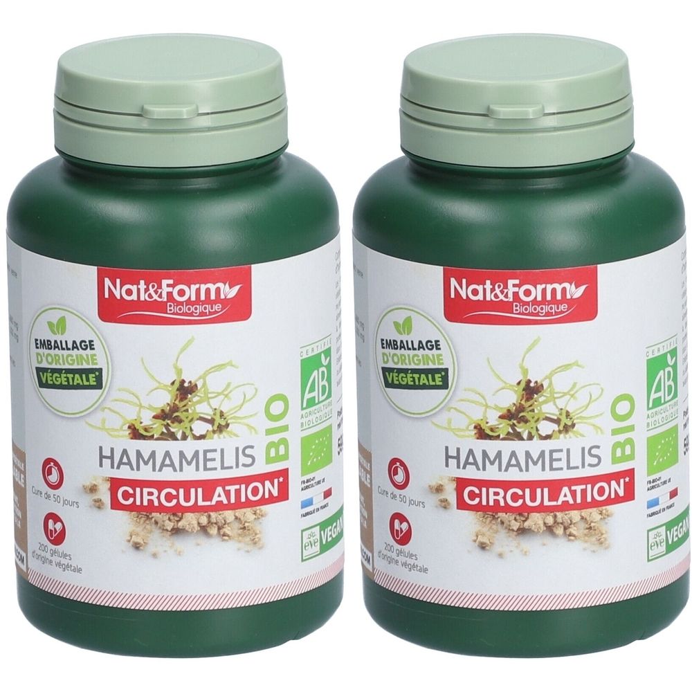 Deux flacons verts avec étiquettes. Inscription: HAMAMELIS, CIRCULATION, BIO. Marque: Nat&Form. Label: AB. Emballage d'origine végétale.
