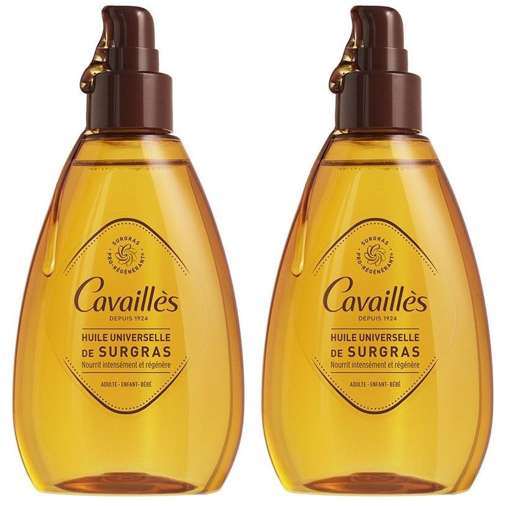 Deux flacons d'huile avec pompes marron. Inscription: Cavaillès, Huile Universelle de Surgras. Liquide jaune visible.