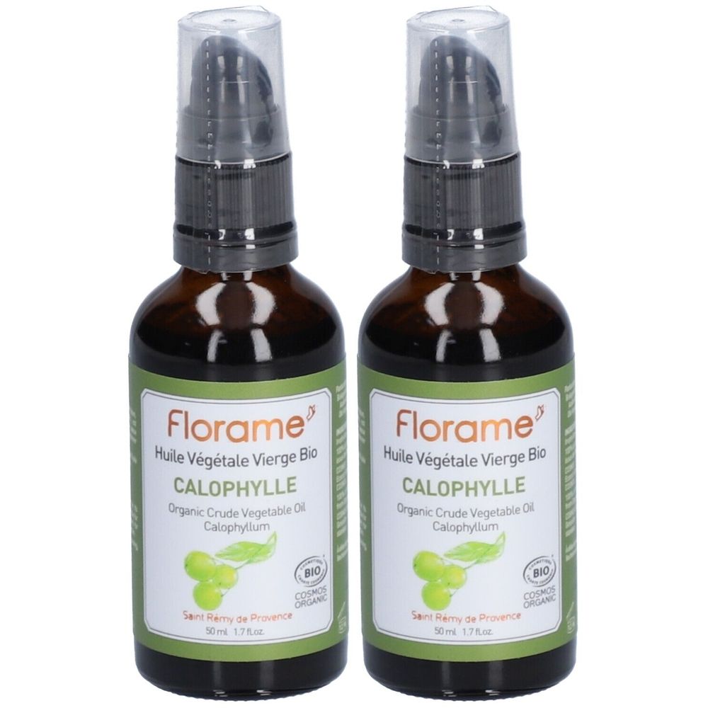 Zwei Flaschen mit braunem Glas und Dosierspender. Auf dem Etikett steht "Florame Huile Végétale Vierge Bio CALOPHYLLE". Bio-Zertifizierung.