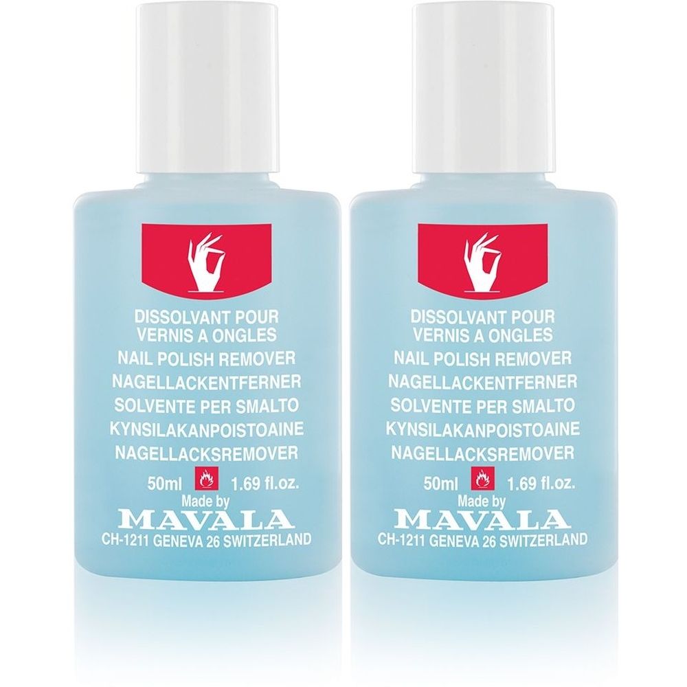 Deux flacons de dissolvant pour vernis à ongles. Bouteilles bleu clair avec bouchons blancs. Étiquette rouge avec symbole de main et texte multilingue.