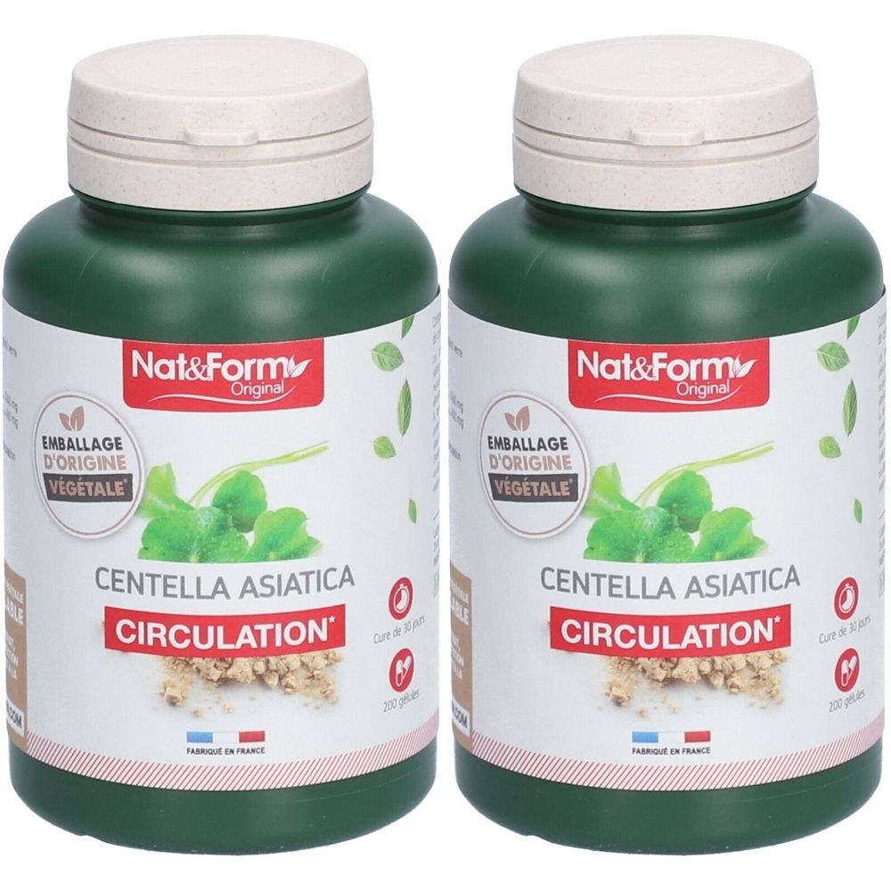 Deux flacons verts avec des couvercles blancs. Les étiquettes indiquent "Nat&Form", "CENTELLA ASIATICA" et "CIRCULATION".