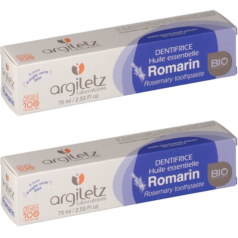 Deux boîtes de dentifrice Argiletz. Inscription : Romarin, BIO. Contient de l'argile verte. 75 ml.