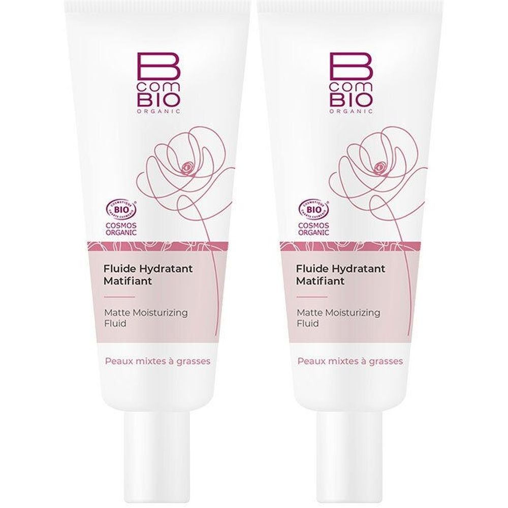 Deux tubes blancs. Inscription: B COM BIO, Fluide Hydratant Matifiant, COSMOS ORGANIC. Pour peaux mixtes à grasses.