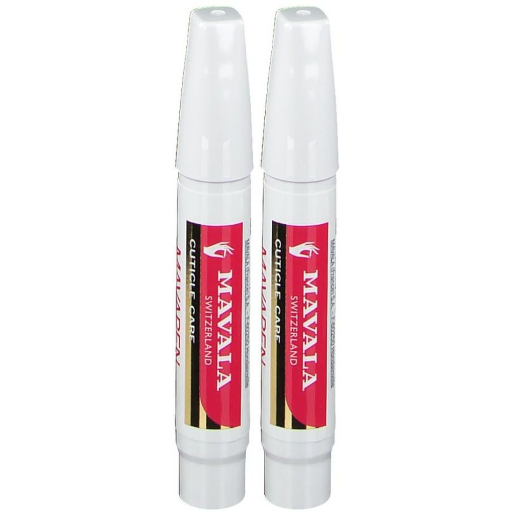 Zwei weiße Stifte mit roter und goldener Beschriftung. Aufschrift: MAVALA SWITZERLAND CUTICLE CARE.