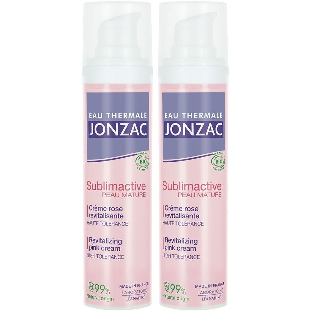 Zwei Flaschen Jonzac Crème Rose Revitalisante. Rosa Flaschen mit weißem Spender. Aufschrift: Jonzac, Sublimactive, Crème rose revitalisante.