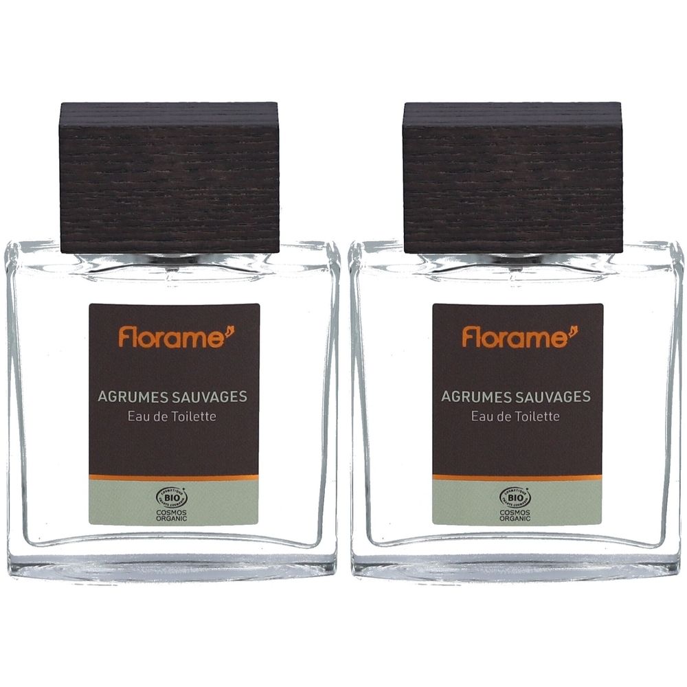 Zwei quadratische Glasflakons mit Holzdeckel. Auf dem Etikett steht "Florame", "Agrumes Sauvages Eau de Toilette Bio".