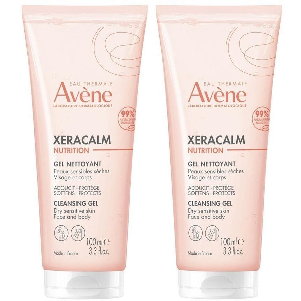 Zwei Tuben Avène XERACALM NUTRITION Gel nettoyant. Rosa Tuben mit weißem Verschluss. Text: Gel nettoyant, für trockene, empfindliche Haut.