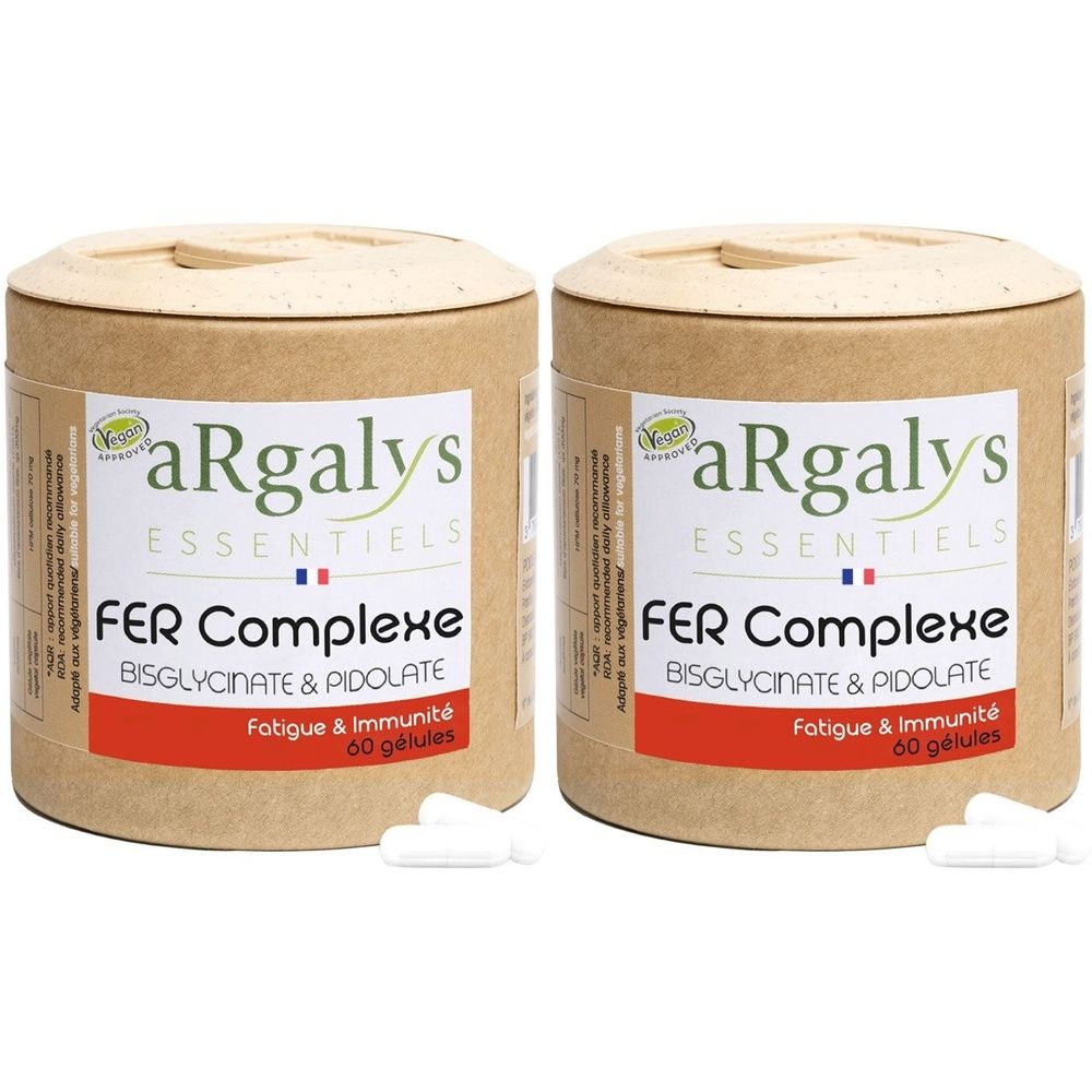 Deux boîtes cylindriques en papier brun. Inscription : aRgalys, FER Complexe, Bisglycinate & Pidolate, Fatigue & Immunité. Label Vegan. 60 gélules.