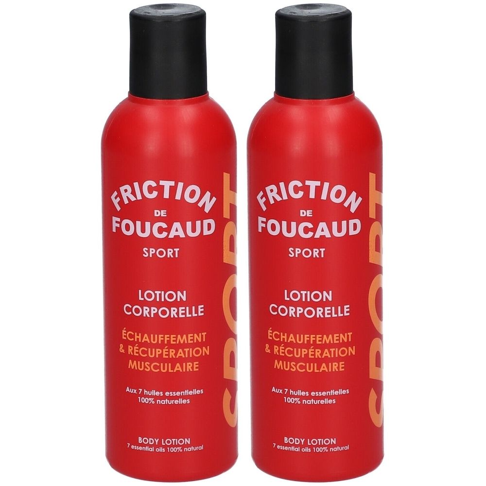 Zwei rote Flaschen mit schwarzem Deckel. Aufschrift: Friction de Foucaud Sport, Lotion Corporelle, Échauffement & Récupération musculaire.