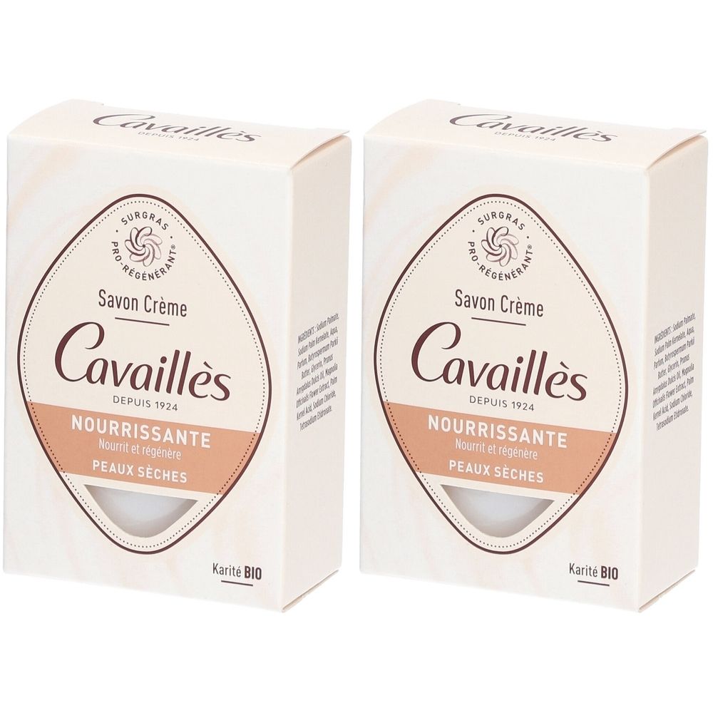 Deux boîtes rectangulaires Cavaillès. Inscription: Savon Crème Nourrissante, pour peaux sèches. Mention Karité BIO.