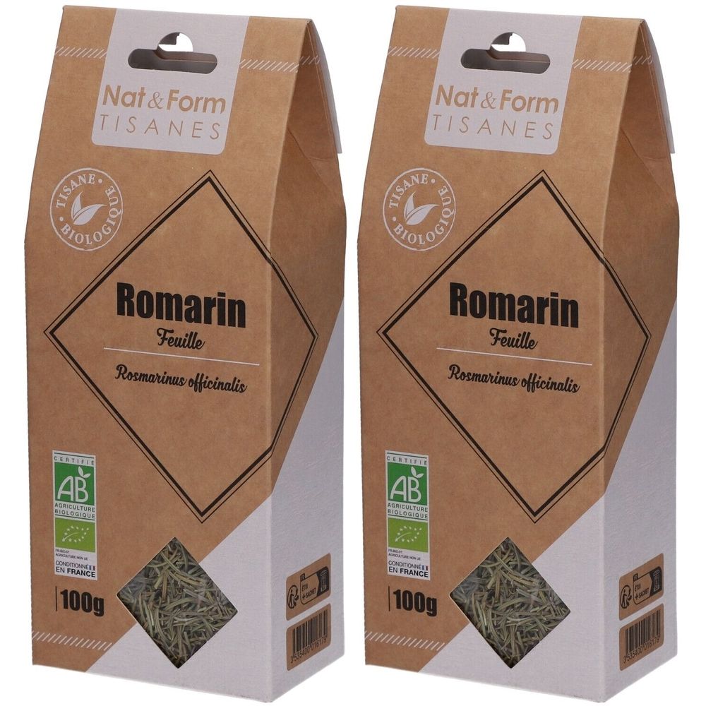 Zwei Packungen Kräutertee. Aufdruck: Nat&Form Tisane, Romarin, AB-Siegel. Sichtfenster mit Kräutern. 100g.