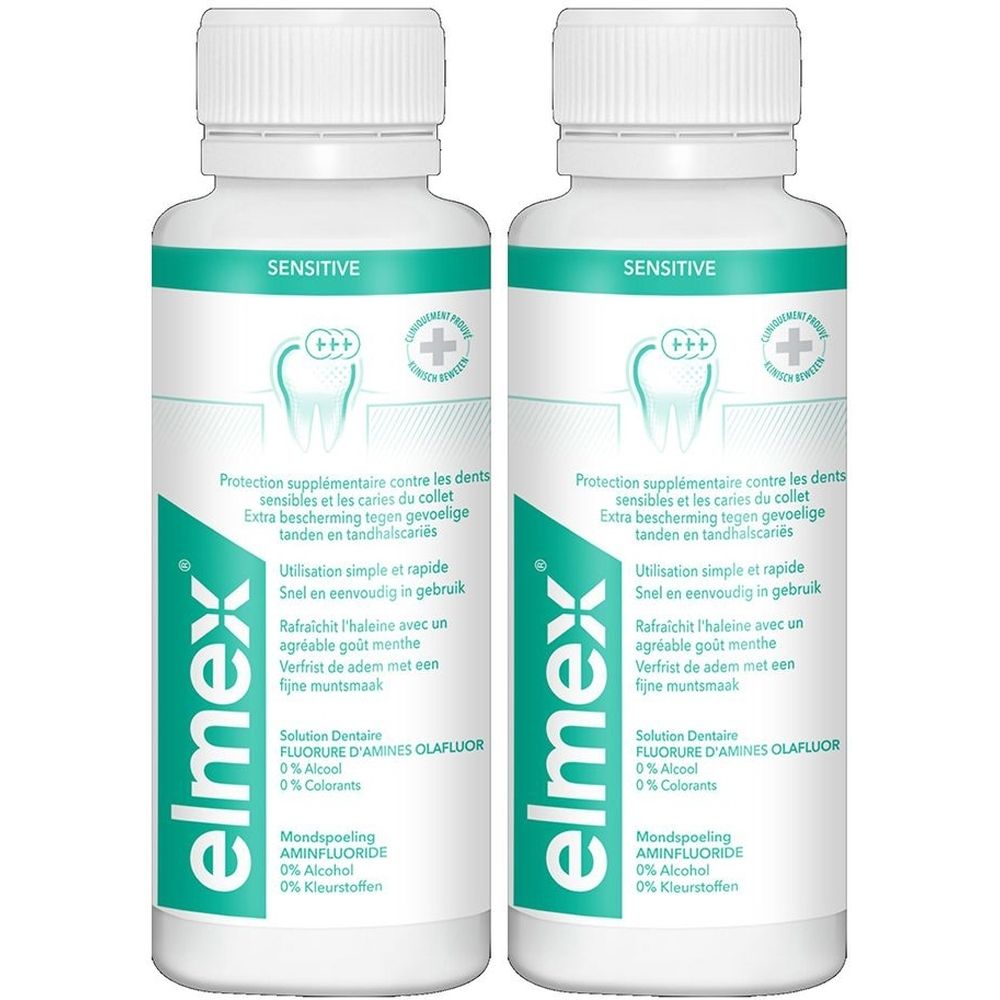 Zwei weiße Flaschen mit grünem Etikett. Aufschrift: elmex, SENSITIVE. Produktname und weitere Informationen in mehreren Sprachen.