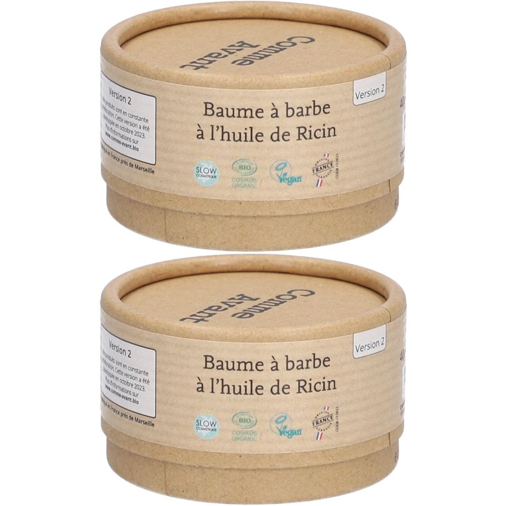 Zwei zylindrische Behälter. Aufschrift: Baume à barbe à l'huile de Ricin. Mit Slow Cosmétique, Vegan- und France-Siegel.