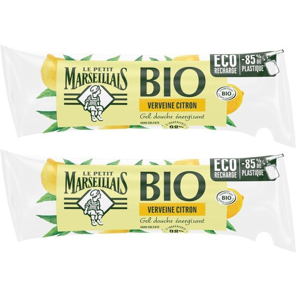 Zwei Beutel mit gelbem Etikett. Aufschrift: BIO, Verveine Citron, Gel douche énergisant. ECO-85% Plastik.