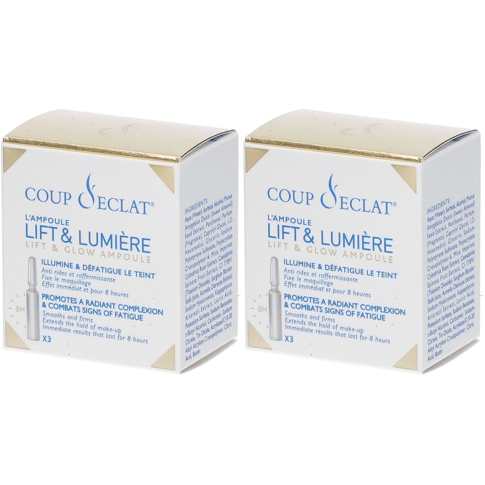 Zwei weiße Kartons mit goldfarbenen Akzenten. Aufschrift: Coup d'Éclat, L'Ampoule Lift & Lumière. Enthält Ampullen.